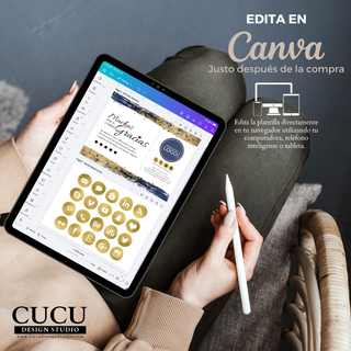 Tablet mostrando plantilla editable en Canva de tarjeta de agradecimiento para negocio con diseño elegante azul y dorado, editable desde celular, computadora o tablet. Descarga digital fácil de personalizar para emprendedores. / Tablet displaying an editable Canva business thank you card template with elegant navy blue and gold design, editable from phone, computer, or tablet. Easy-to-customize digital download for entrepreneurs.