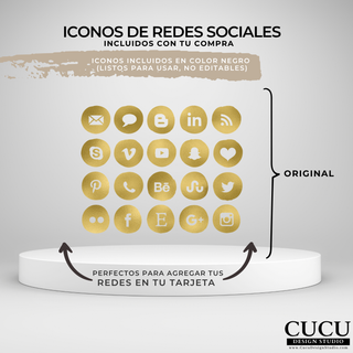 Colección de íconos dorados para redes sociales incluidos con plantilla de tarjeta de agradecimiento editable en Canva. Elementos perfectos para personalizar tarjetas de negocios pequeños y agregar redes sociales fácilmente. / Collection of gold social media icons included with the editable Canva thank you card template. Perfect elements for customizing small business cards and easily adding social media information.