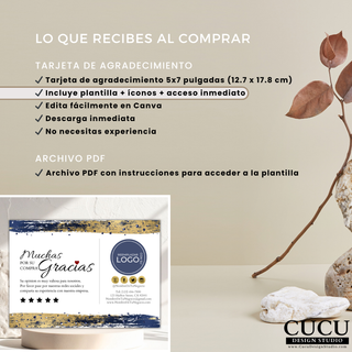 Vista informativa de lo que incluye la compra de plantilla digital de tarjeta de agradecimiento 5x7 editable en Canva, con acceso inmediato, íconos incluidos y diseño profesional para pequeños negocios. / Informational view showing what is included with the purchase of the editable 5x7 digital thank you card Canva template, featuring instant access, included icons, and professional design for small businesses.