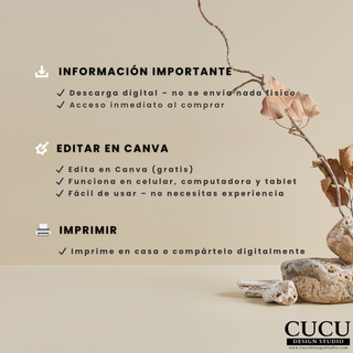 Información importante sobre plantilla editable en Canva para tarjeta de agradecimiento digital, explicando descarga instantánea, edición sencilla y opciones para imprimir o compartir digitalmente. / Important information about the editable Canva digital thank you card template, explaining instant download, easy editing, and options to print or share digitally.