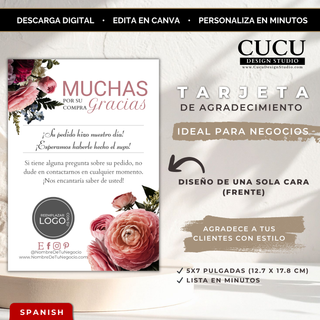 Tarjeta floral de agradecimiento para pequeños negocios con diseño elegante en tonos rosa, editable en Canva tamaño 5x7 pulgadas. Incluye espacio para logo, redes sociales y mensaje personalizado ideal para boutiques y tiendas online. / Floral thank you card for small businesses with elegant pink design, editable in Canva in 5x7 inch size. Includes space for logo, social media, and personalized message, perfect for boutiques and online shops.