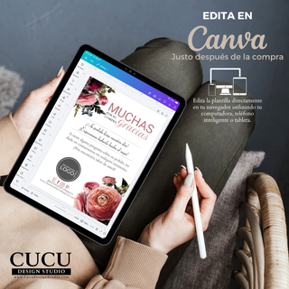 Tablet mostrando plantilla de tarjeta floral editable en Canva con diseño romántico y profesional en tonos rosados. Plantilla fácil de personalizar desde celular, computadora o tablet. / Tablet displaying an editable floral Canva thank you card template with romantic and professional pink-toned design. Easy-to-customize template from phone, computer, or tablet.
