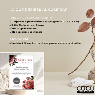 Vista informativa mostrando lo que incluye la compra de la plantilla floral de agradecimiento editable en Canva, incluyendo tarjeta 5x7, descarga inmediata y archivo PDF con instrucciones. / Informational view showing what is included with the purchase of the editable floral Canva thank you card template, including 5x7 card, instant download, and PDF instruction file.