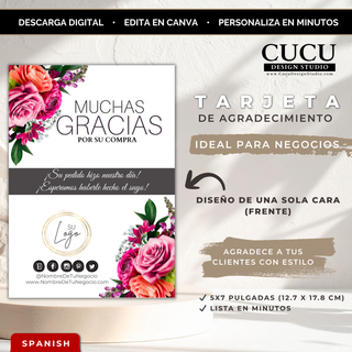 Tarjeta de agradecimiento floral editable en Canva para pequeños negocios con flores rosas y diseño elegante 5x7 / Editable floral thank you card template for small businesses with pink flowers and elegant 5x7 design