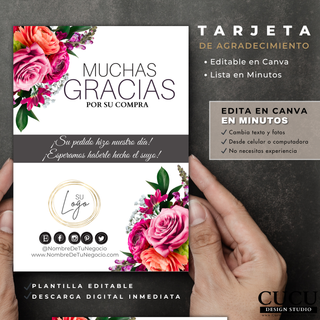 Plantilla de tarjeta de agradecimiento digital editable en Canva mostrada en manos con diseño floral moderno / Editable digital thank you card Canva template displayed in hands with modern floral design