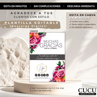 Tarjeta floral de agradecimiento para negocios con descarga digital instantánea y edición rápida en Canva / Floral business thank you card with instant digital download and quick Canva editing