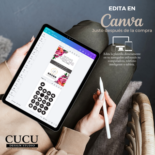Plantilla editable en Canva mostrada en tablet para editar desde computadora, celular o tablet / Editable Canva template shown on tablet for editing from computer phone or tablet