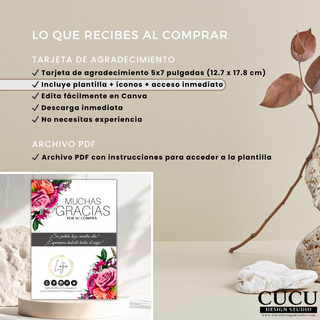 Información de lo que incluye la compra de la plantilla de tarjeta de agradecimiento 5x7 editable / Information showing what is included with the editable 5x7 thank you card template purchase