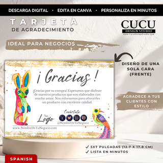 Tarjeta de agradecimiento editable en Canva para pequeños negocios con diseño boho elegante, detalles dorados, ilustración colorida de conejo artesanal y ave decorativa, tamaño 5x7 pulgadas, descarga digital instantánea. / Editable Canva thank you card for small businesses featuring an elegant boho design with gold accents, colorful handcrafted rabbit illustration, decorative bird artwork, 5x7 inch size, and instant digital download.