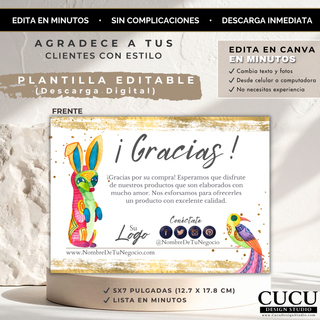 Plantilla digital de tarjeta de agradecimiento para negocios pequeños presentada sobre pedestal minimalista, diseño elegante editable en Canva con detalles dorados y estilo moderno artesanal. / Digital thank you card template for small businesses displayed on a minimalist pedestal, elegant editable Canva design with gold details and modern handcrafted style.