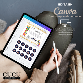 Vista de plantilla de tarjeta de agradecimiento abierta en Canva desde una tablet, mostrando cómo editar fácilmente texto, imágenes y elementos gráficos desde computadora, celular o tableta. / View of the thank you card template opened in Canva on a tablet, showing how to easily edit text, images, and graphic elements from a computer, phone, or tablet.