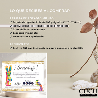 Información del producto digital de tarjeta de agradecimiento editable en Canva, incluyendo tamaño 5x7 pulgadas, acceso inmediato, iconos incluidos y descarga digital para pequeños negocios. / Product information for the editable Canva thank you card, including 5x7 inch size, instant access, included icons, and digital download for small businesses.