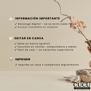Diseño informativo de plantilla digital editable en Canva explicando descarga instantánea, edición sencilla y opciones para imprimir o compartir digitalmente la tarjeta de agradecimiento. / Informational editable Canva template design explaining instant download, easy editing, and options to print or digitally share the thank you card.