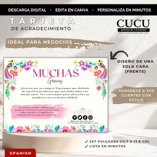 Tarjeta de agradecimiento floral editable en Canva para pequeños negocios tamaño 5x7 / Editable floral thank you card template for small businesses size 5x7