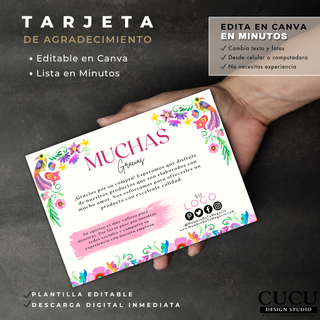 Plantilla de tarjeta de agradecimiento sostenida en mano con diseño floral colorido y espacio para logo / Thank you card template held in hand with colorful floral design and logo space