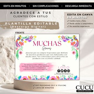 Diseño de tarjeta de agradecimiento para clientes editable en Canva con descarga digital instantánea / Editable customer thank you card design in Canva with instant digital download