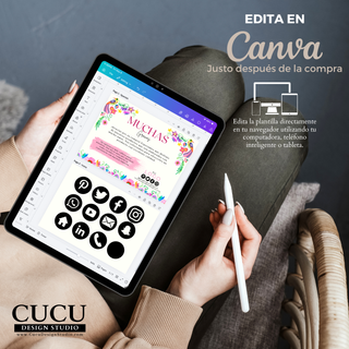 Plantilla Canva mostrada en tablet para editar tarjeta de agradecimiento desde celular o computadora / Canva template displayed on tablet for editing thank you card from phone or computer