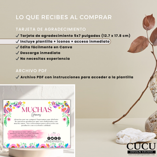 Información de lo que incluye la compra de plantilla de tarjeta de agradecimiento 5x7 editable / Information showing what is included with editable 5x7 thank you card template purchase