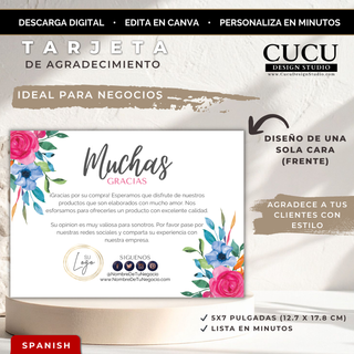 Tarjeta de agradecimiento floral editable en Canva para pequeños negocios tamaño 5x7 con diseño elegante y descarga digital instantánea / Editable floral thank you card Canva template for small businesses size 5x7 with elegant design and instant digital download