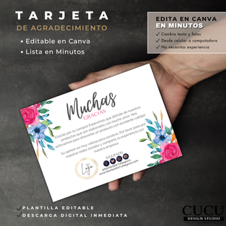 Mano sosteniendo tarjeta de agradecimiento floral editable en Canva ideal para negocios pequeños y packaging de pedidos / Hand holding editable floral thank you card in Canva ideal for small businesses and order packaging