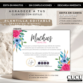Plantilla editable de tarjeta de agradecimiento floral para clientes presentada en maqueta elegante color beige / Editable floral thank you card template for customers displayed in elegant beige mockup