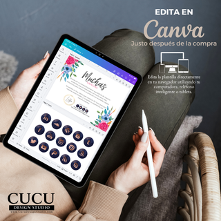 Vista de plantilla de tarjeta de agradecimiento floral abierta en Canva desde tablet para edición fácil y rápida / Floral thank you card template displayed in Canva on tablet for easy and quick editing