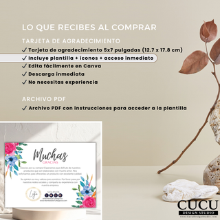 Información de lo que incluye la compra de plantilla digital de tarjeta de agradecimiento editable en Canva / Information showing what is included with the editable Canva digital thank you card template purchase