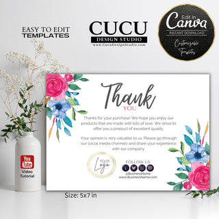 Watercolor floral thank you card template featuring pink roses, blue flowers, customizable logo space, social media icons, and an editable Canva design for small businesses.

ES: Plantilla de tarjeta de agradecimiento floral en acuarela con rosas rosadas, flores azules, espacio personalizable para logotipo, iconos de redes sociales y diseño editable en Canva para pequeños negocios.