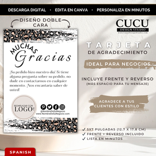 Tarjeta de agradecimiento editable en Canva con diseño animal print y fondo neutro para pequeños negocios / Editable Canva thank you card with animal print design and neutral background for small businesses
