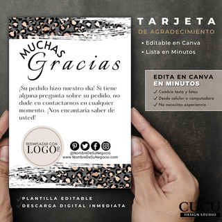 Plantilla de tarjeta de agradecimiento 5x7 sostenida en manos mostrando diseño elegante animal print / 5x7 thank you card template held in hands featuring elegant animal print design