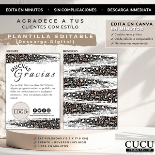 Vista frontal y reverso de plantilla de tarjeta de agradecimiento editable en Canva / Front and back view of editable Canva thank you card template