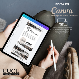Plantilla de tarjeta de agradecimiento abierta en Canva desde tablet para fácil edición / Thank you card template opened in Canva on tablet for easy editing