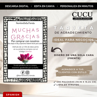 Plantilla de tarjeta de agradecimiento 4x6 editable en Canva para pequeños negocios con diseño elegante / Editable 4x6 thank you card template in Canva for small businesses with elegant design
