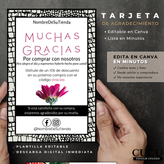 Tarjeta de agradecimiento personalizada sostenida en mano con diseño moderno y espacio para redes sociales / Personalized thank you card held in hand with modern design and social media space