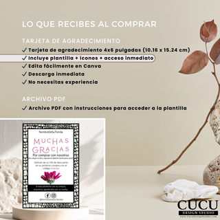 Información de compra incluida con plantilla editable de tarjeta de agradecimiento tamaño 4x6 / Purchase information included with editable 4x6 thank you card template