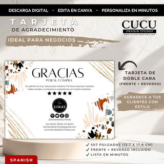 Tarjeta de agradecimiento editable en Canva para pequeños negocios con diseño boho elegante en tamaño 5x7 / Editable Canva thank you card for small businesses with elegant boho 5x7 design