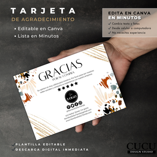 Plantilla digital de tarjeta de agradecimiento sostenida en la mano con diseño moderno y personalizable / Modern customizable thank you card template held in hand for small business branding