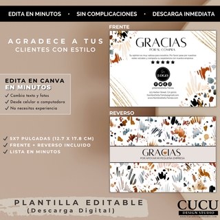 Vista frontal y reverso de tarjeta de agradecimiento Canva editable con estilo boho artístico / Front and back editable Canva thank you card with artistic boho style