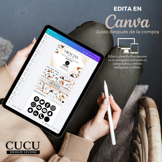 Plantilla editable en Canva mostrada en tablet para editar desde celular o computadora / Editable Canva template displayed on tablet for mobile or desktop editing