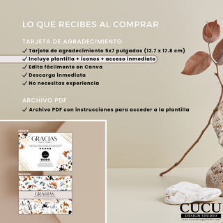 Contenido incluido con plantilla de tarjeta de agradecimiento digital editable tamaño 5x7 / Included contents for editable digital 5x7 thank you card template