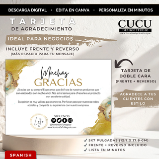 Plantilla de tarjeta de agradecimiento editable en Canva para pequeños negocios con diseño elegante dorado y doble cara / Editable Canva thank you card template for small businesses with elegant gold double-sided design