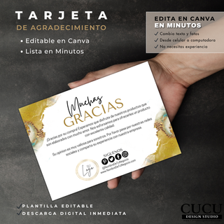 Tarjeta de agradecimiento 5x7 sostenida en mano mostrando diseño moderno editable en Canva / 5x7 thank you card held in hand featuring modern editable Canva design