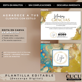 Vista frontal y reverso de plantilla de tarjeta de agradecimiento para negocio pequeño editable en Canva / Front and back view of editable small business thank you card Canva template