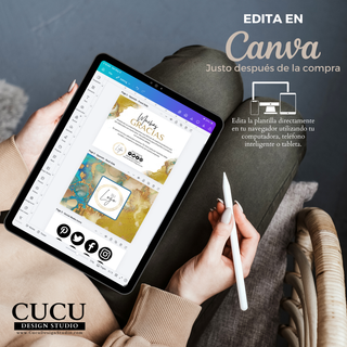 Plantilla editable en Canva mostrada en tablet para editar desde celular o computadora / Editable Canva template displayed on tablet for editing from phone or computer