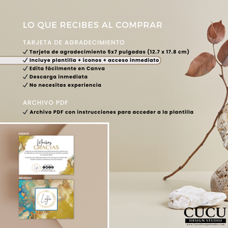 Información de lo que incluye la plantilla digital de tarjeta de agradecimiento 5x7 editable / Information showing what is included in the editable 5x7 digital thank you card template