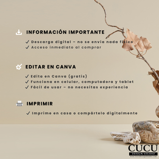 Información importante sobre descarga digital y edición en Canva para plantilla de tarjeta / Important information about digital download and Canva editing for thank you card template