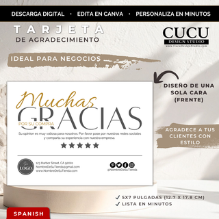 Tarjeta de agradecimiento para negocio en español editable en Canva, diseño elegante minimalista con tipografía moderna, estrellas doradas, espacio para logo y redes sociales, tamaño 5x7 pulgadas, descarga digital / Spanish small business thank you card template editable in Canva, elegant minimal design with modern typography, gold star accents, logo and social media space, 5x7 inches digital download
