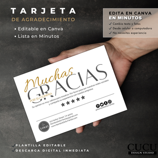 Tarjeta de agradecimiento sostenida en la mano mostrando diseño sofisticado con texto “Muchas Gracias”, detalles dorados y área para información del negocio, plantilla editable en Canva / Hand holding elegant thank you card featuring “Muchas Gracias” text, gold accents and business info section, editable Canva template