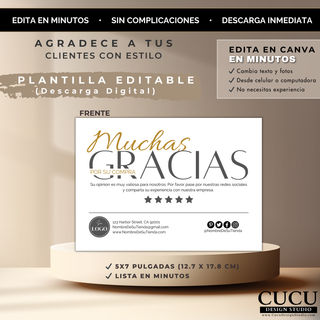 Plantilla de tarjeta de agradecimiento editable en Canva, vista frontal con diseño limpio y moderno, lista para personalizar e imprimir en tamaño 5x7 pulgadas / Editable thank you card template in Canva, front view with clean modern layout, ready to customize and print in 5x7 size