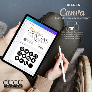 Edición de plantilla en Canva desde tablet, personalización fácil de tarjeta de agradecimiento con texto, logo e íconos de redes sociales / Editing thank you card template in Canva on tablet, easy customization with text, logo and social media icons